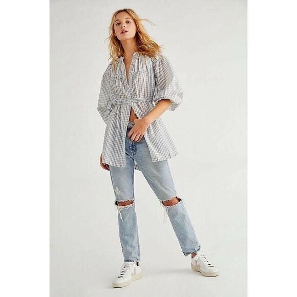 NEW FREE PEOPLE Sz L HOMESPUN PLAID BUTTON DOWN TUNIC TOP IN WHITE COMBO - Picture 1 of 3